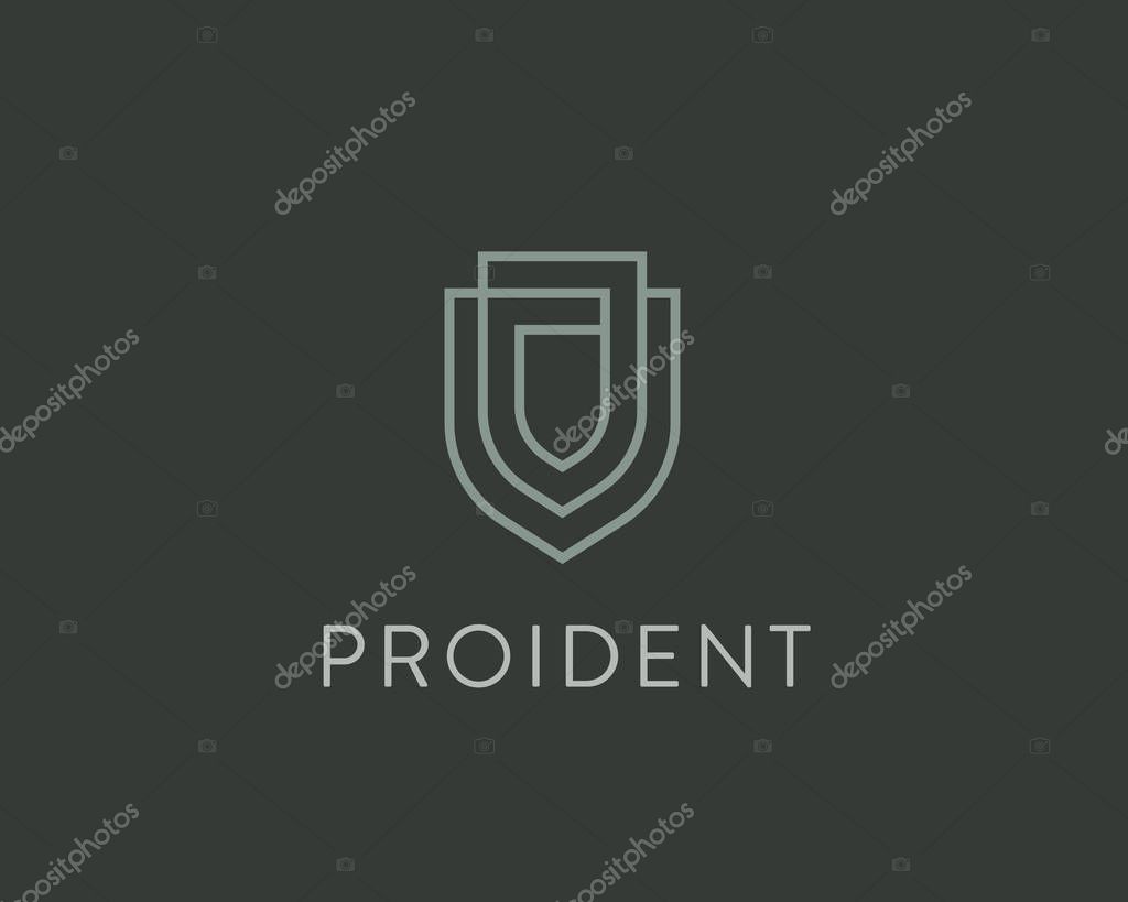 Linear shield vector logo. Line protection security guard logotype.