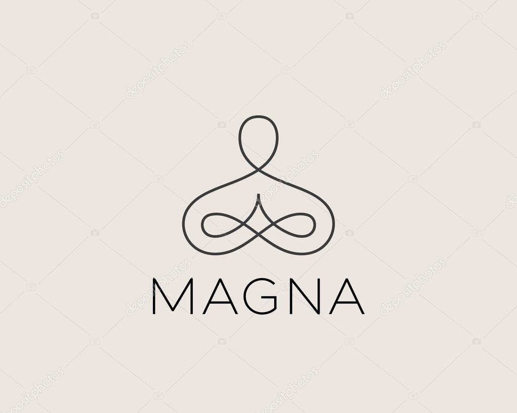 Abstract yoga human linear logo. Thread person flower balance logotype. Creative spa, guru vector mark