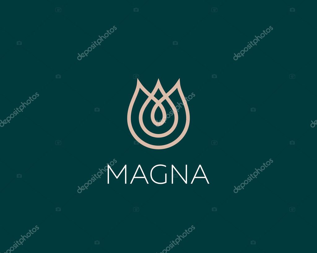 Linear flower water drop icon logo. Premium leaf spa relax tulip vector logotype.