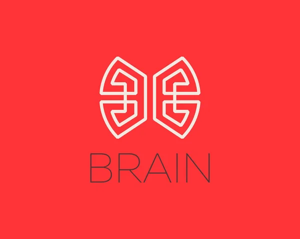 Doğrusal biçimde beyin logosu tasarım vektör şablonu. Beyin fırtınası fikir labirenti, kelebek logosu kavramının ana hatlarını düşün. Kırmızı arkaplanda izole edilmiş bir simge.. — Stok Vektör