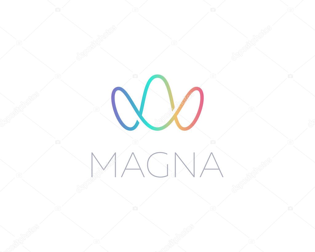 Abstract colorful gradient letters M W logo design. Linear creative monogram symbol. Waves sound crown elegant vector icon sign logotype