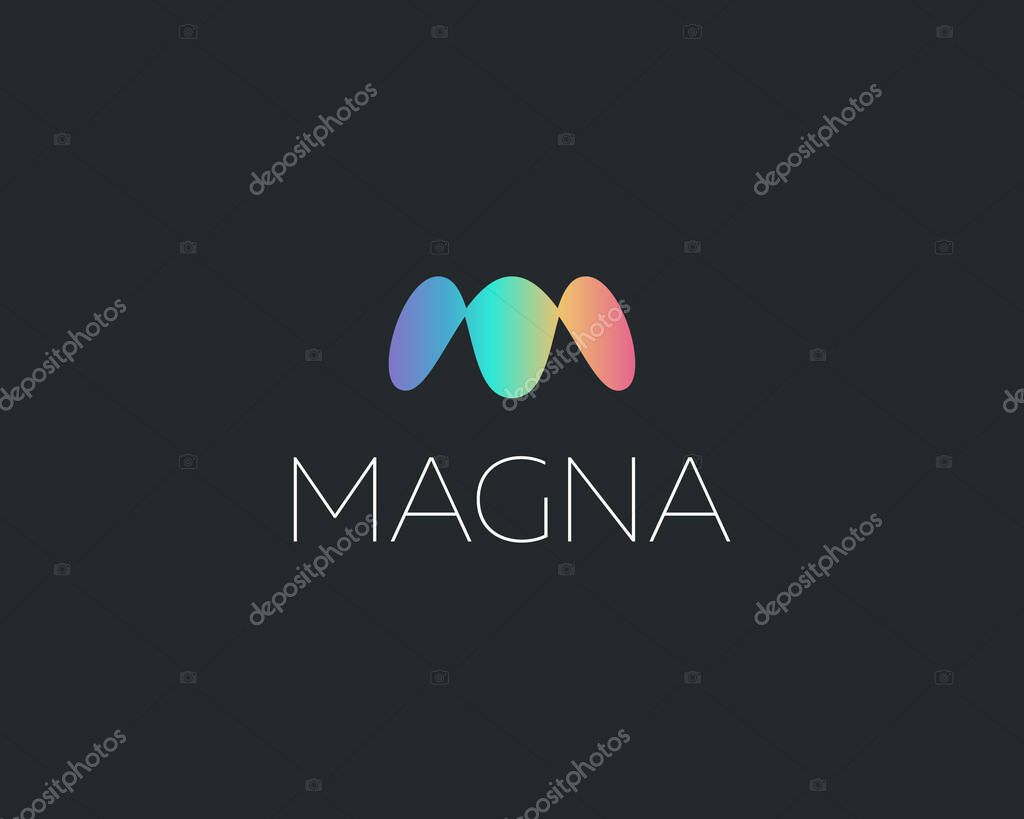 Abstract colorful gradient monogram letter M logo icon design modern minimal style illustration. Creative waves sound voice sign logotype template