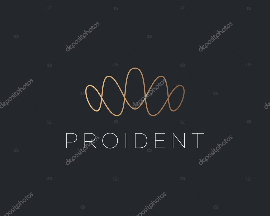 Abstract linear gold gradient crown logo design template. Premium waves sound vibrations voice elegant vector icon sign logotype