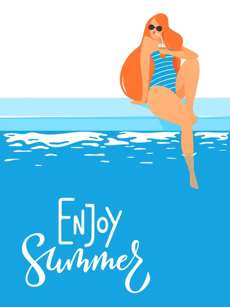 Beautiful Cartoon Girl Enjoy Summer — Stock Vector