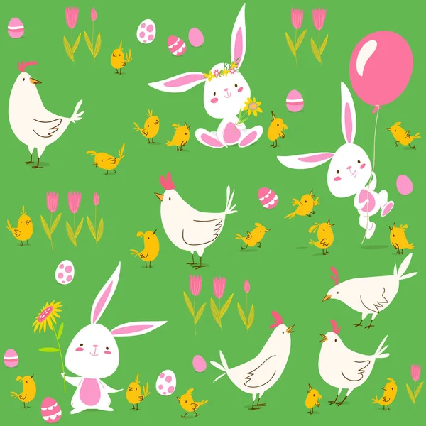 Tarjeta Pascua Lindo Conejos Gallinas Vector Ilustración — Archivo Imágenes Vectoriales