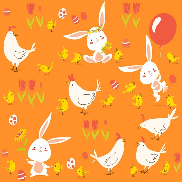 Tarjeta Pascua Lindo Conejos Gallinas Vector Ilustración — Archivo Imágenes Vectoriales