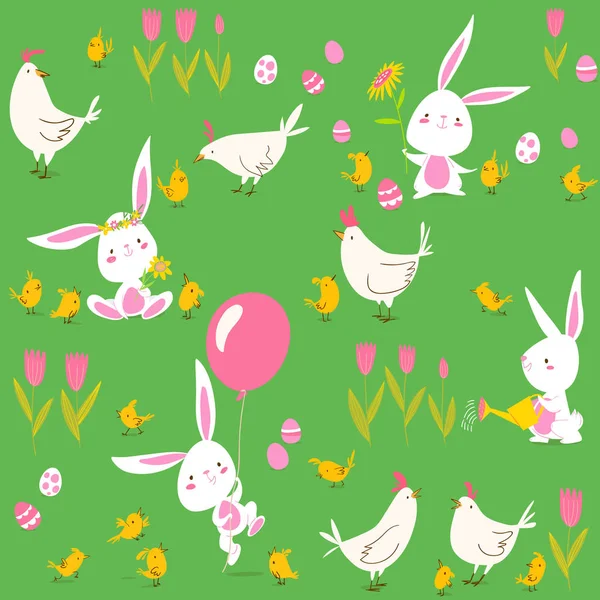 Tarjeta Pascua Lindo Conejos Gallinas Vector Ilustración — Archivo Imágenes Vectoriales