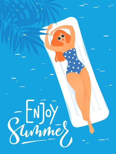 Printcool Zomer Zwembad Partij Poster Met Jonge Vrouw Zonnebaden Een — Stockvector