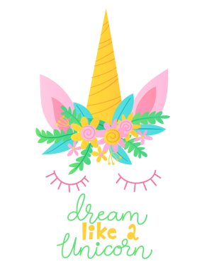 Çizgi film sihirli unicorn karakteri ve motivasyon metin ile sevimli vektör kartı