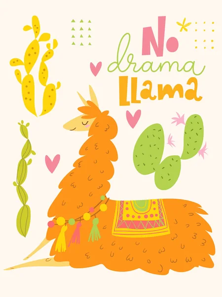 Lindo Diseño Póster Vectorial Con Dibujos Animados Lama Cactus — Vector de stock