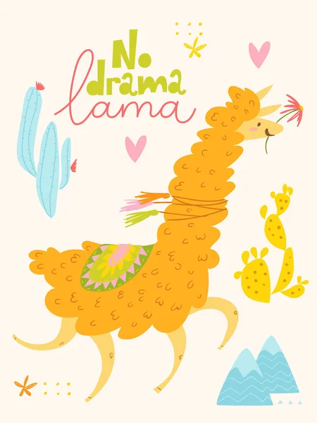 Lindo Diseño Póster Vectorial Con Dibujos Animados Lama Cactus — Archivo Imágenes Vectoriales