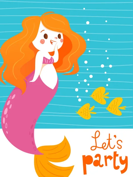 Tarjeta Vectorial Estilo Dibujos Animados Con Linda Niña Sirena Océano — Vector de stock