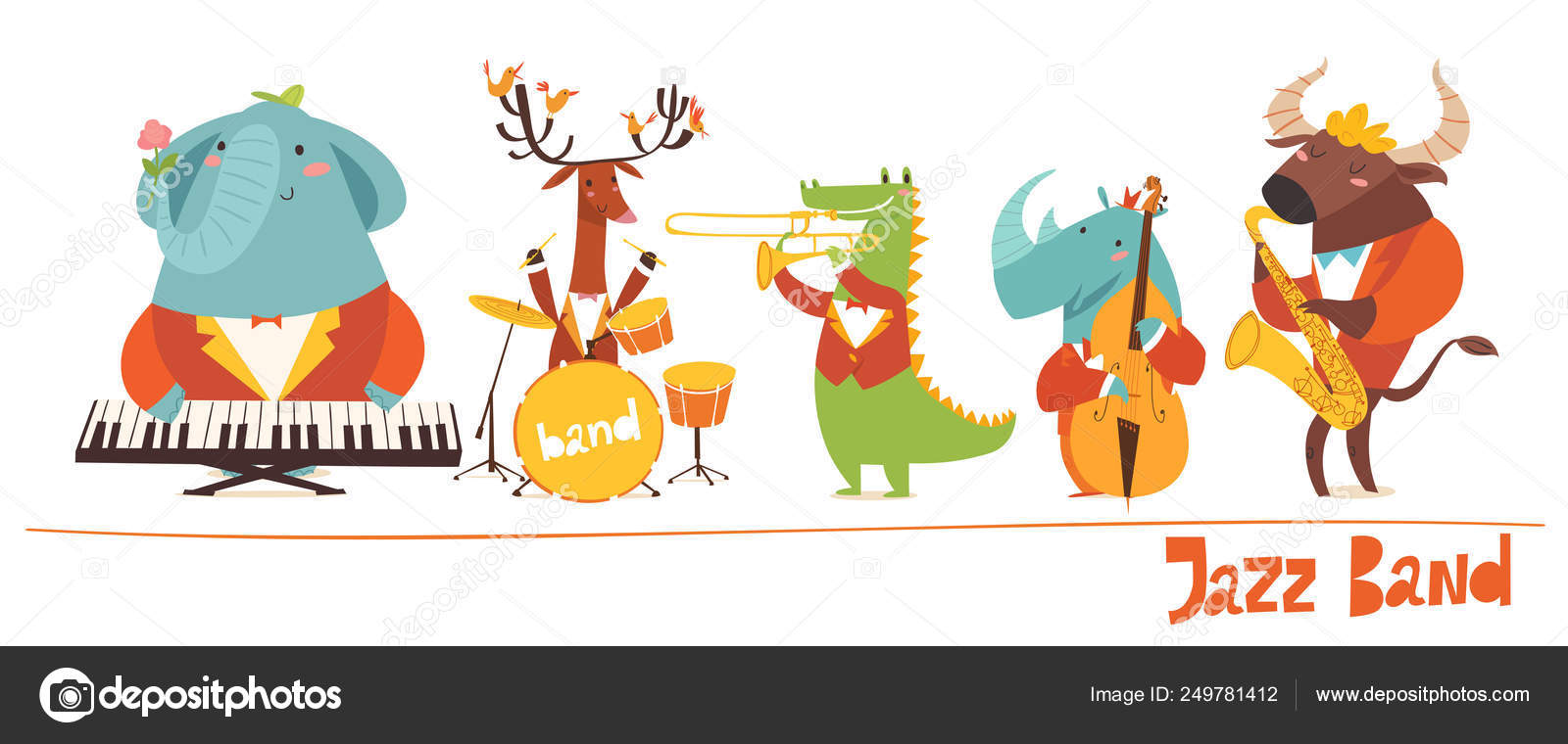 Dibujos Animados Animales Salvajes Tocando Instrumentos Música Aislados