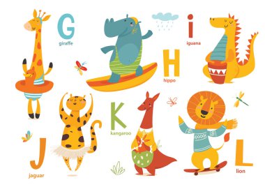 Karikatür çocuksu alfabesi ile beyaz arka plan üzerinde vahşi hayvanlar 