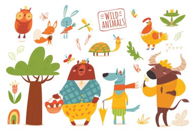 Beyaz arka plan üzerinde çizgi film vahşi hayvanlar topluluğu 