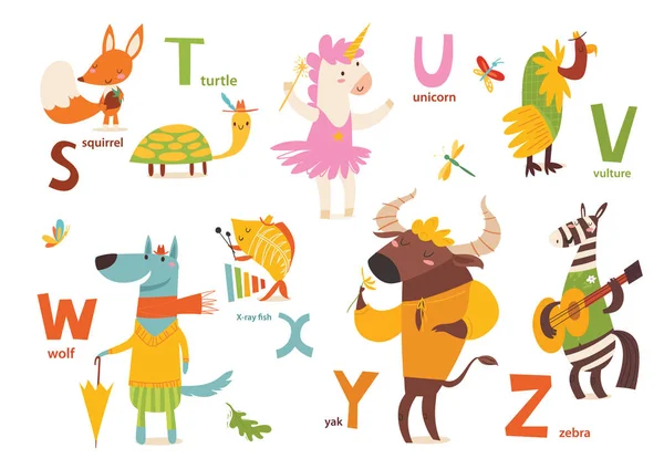 Karikatur Kindisches Alphabet Mit Wilden Tieren Auf Weißem Hintergrund — Stockvektor