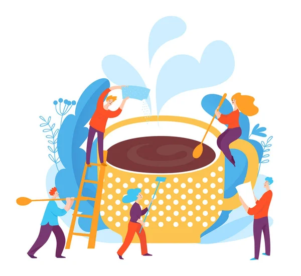 Zeichentrickfiguren Machen Große Tasse Tee Teamwork Konzept — Stockvektor