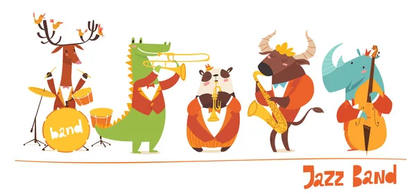 Dibujos Animados Animales Salvajes Tocando Instrumentos Música Aislados Sobre Fondo — Archivo Imágenes Vectoriales