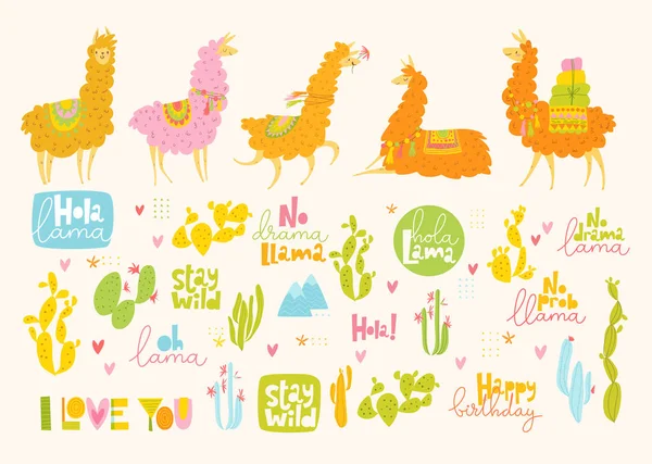 Colección Llamas Dibujos Animados Frases Inspiradoras Sobre Fondo Pastel — Vector de stock