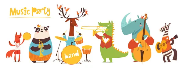 动画片野生动物演奏在被隔绝的乐器在白色背景 — 图库矢量图片