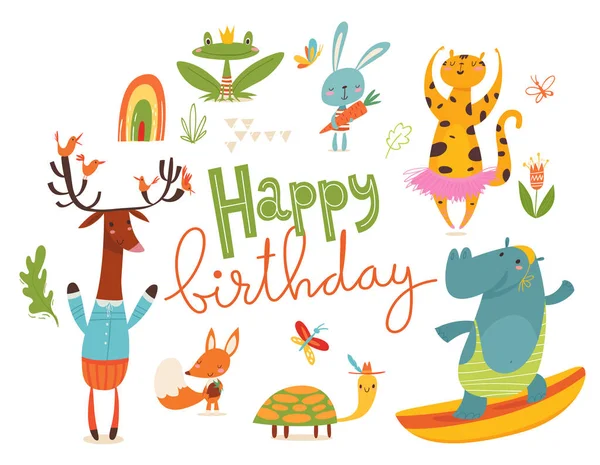 Tarjeta Felicitación Feliz Cumpleaños Con Animales Salvajes Dibujos Animados — Archivo Imágenes Vectoriales