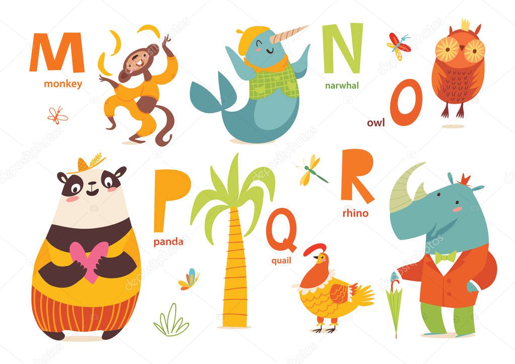 Cartoon childish alphabet with wild animals on white background 