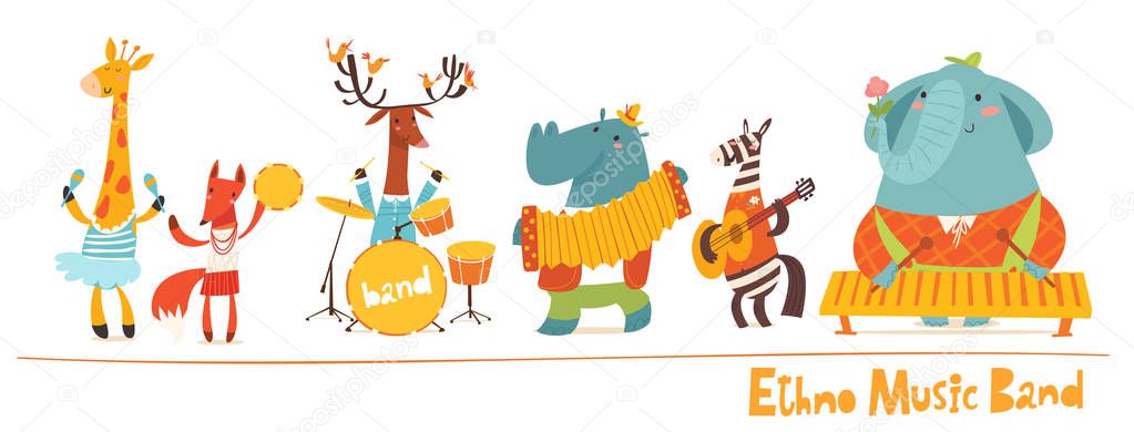 Cartoon wild animals playing on music instruments isolated on white background 