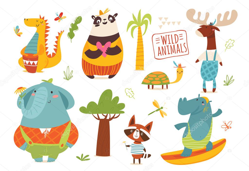 Collection of cartoon wild animals on white background 