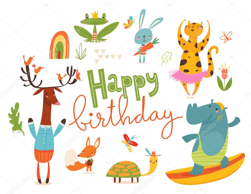 Happy birthday greeting card with cartoon wild animals 