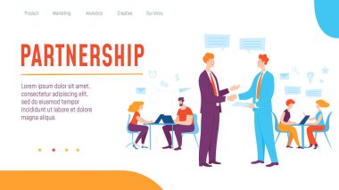 iş afiş şablonu, karikatür işadamları el sıkışma ve ortaklık yazı