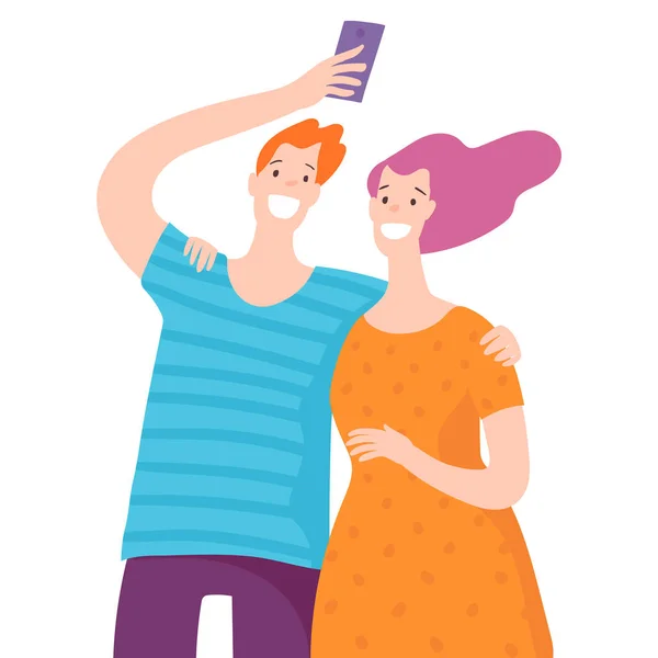 Vector illustration with happy couple takes selfie. — Stock Vector