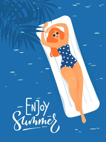Vector summer illustration with young woman having rest in a swi — Stock Vector