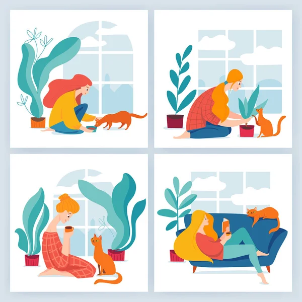 Poster collection with woman and cat in flat style