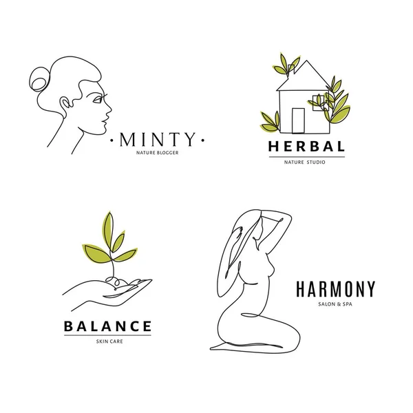 Plantillas de equilibrio de logotipo de salón de spa con cuerpo y arte de línea de la naturaleza . — Vector de stock