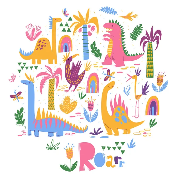 Lindo Conjunto Colorido Con Diferentes Dinosaurios Aislados Sobre Fondo Blanco — Vector de stock