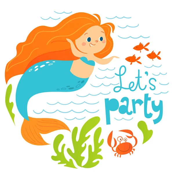 Vamos a la fiesta de dibujos animados estilo vector de diseño de verano con linda sirena — Vector de stock