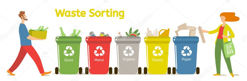 Waste sorting motivational vector illustration with woman and man sorting waste
