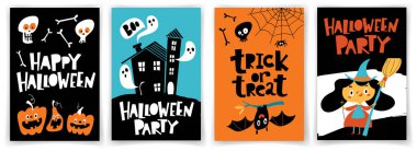 Karikatür düz çocuk tarzı vektör Halloween parti kartları seti 