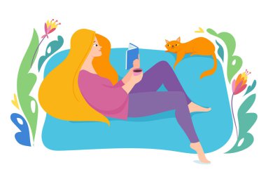 Kız çiçek dekorasyon ve kedi ile kitap tasarımı okuma seviyorum
