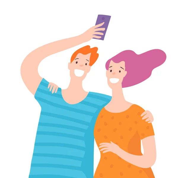 Ilustração vetorial com casal feliz leva selfie . — Vetor de Stock