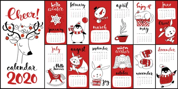 Wektor Cartoon 2020 kalendarz z symbolami Bożego Narodzenia w czerwonym Colo — Wektor stockowy