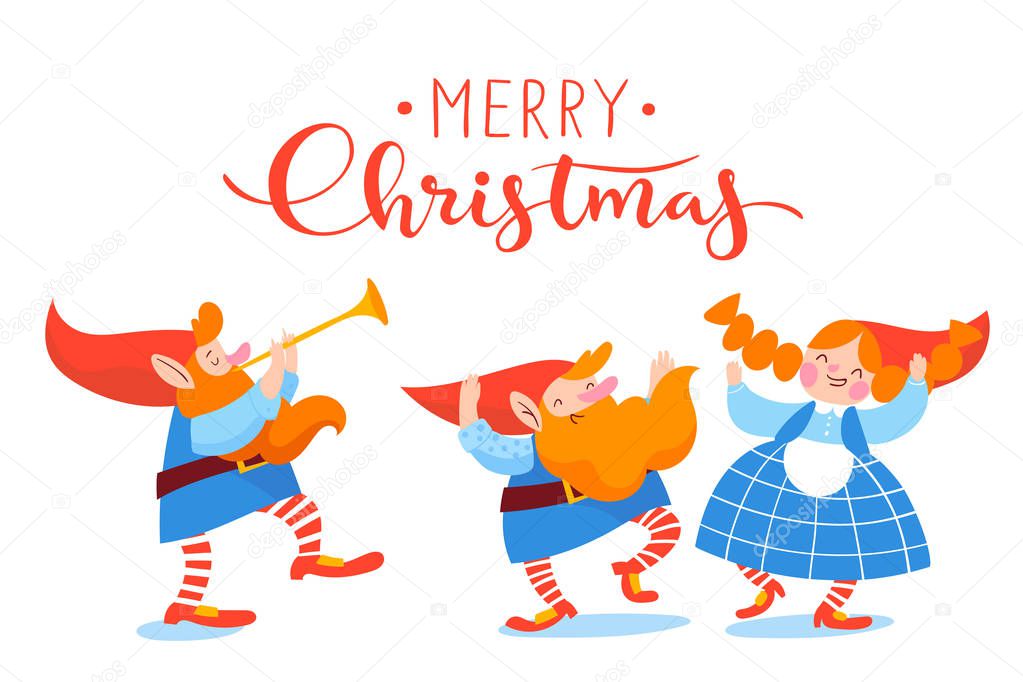 Christmas poster vector design with cartoon leprechauns dancing 