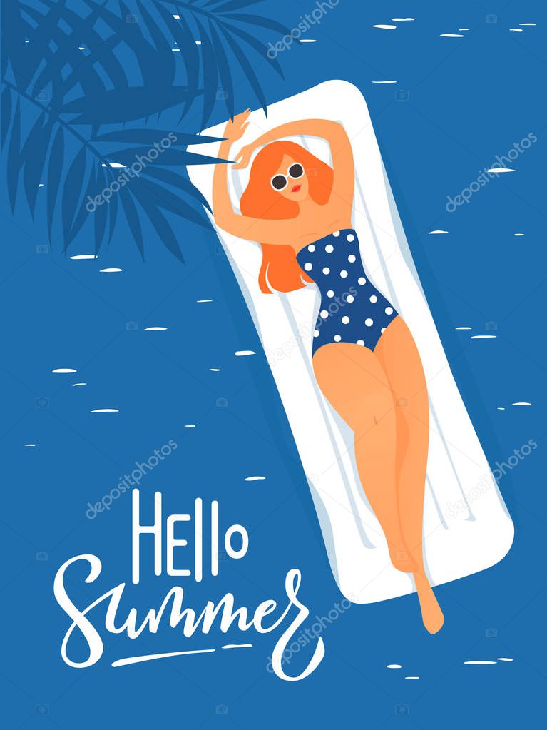 Vector hello summer poster with cute lady swimming in a sea
