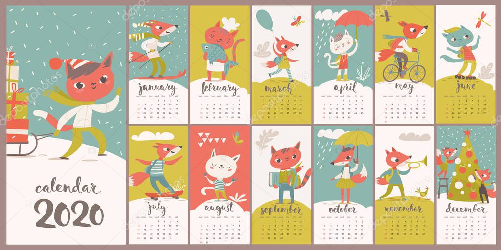 Vector 2020 calendar with funny foxes and cats in flat style