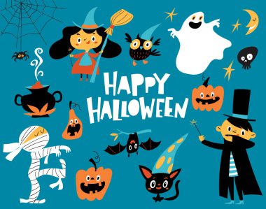 Vektör karikatür tarzı Halloween tasarım elemanları ve sticke seti