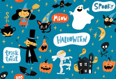 Komik karikatür charact ile Cadılar Bayramı için Vektör sorunsuz desen