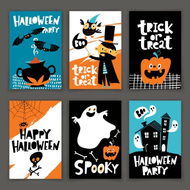 Karikatür retro tarzı vektör Cadılar Bayramı Partisi posterler seti 