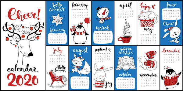 Wektor Cartoon 2020 kalendarz z symbolami Bożego Narodzenia — Wektor stockowy