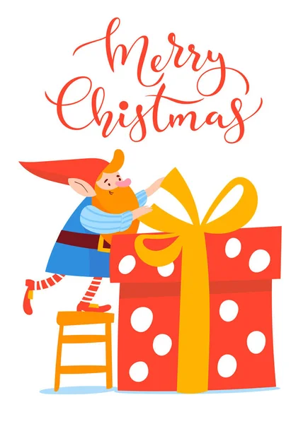 Christmas poster vector design with cartoon gnome packing his ho — Stock Vector