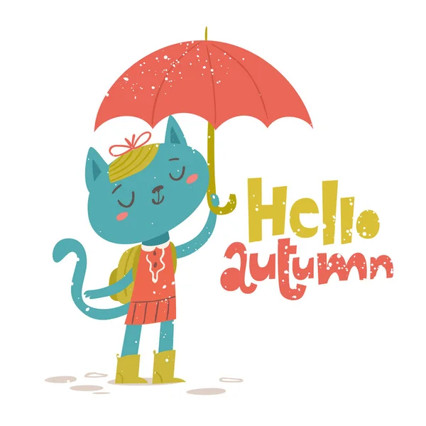 Hola cartel de otoño con gato con paraguas — Vector de stock